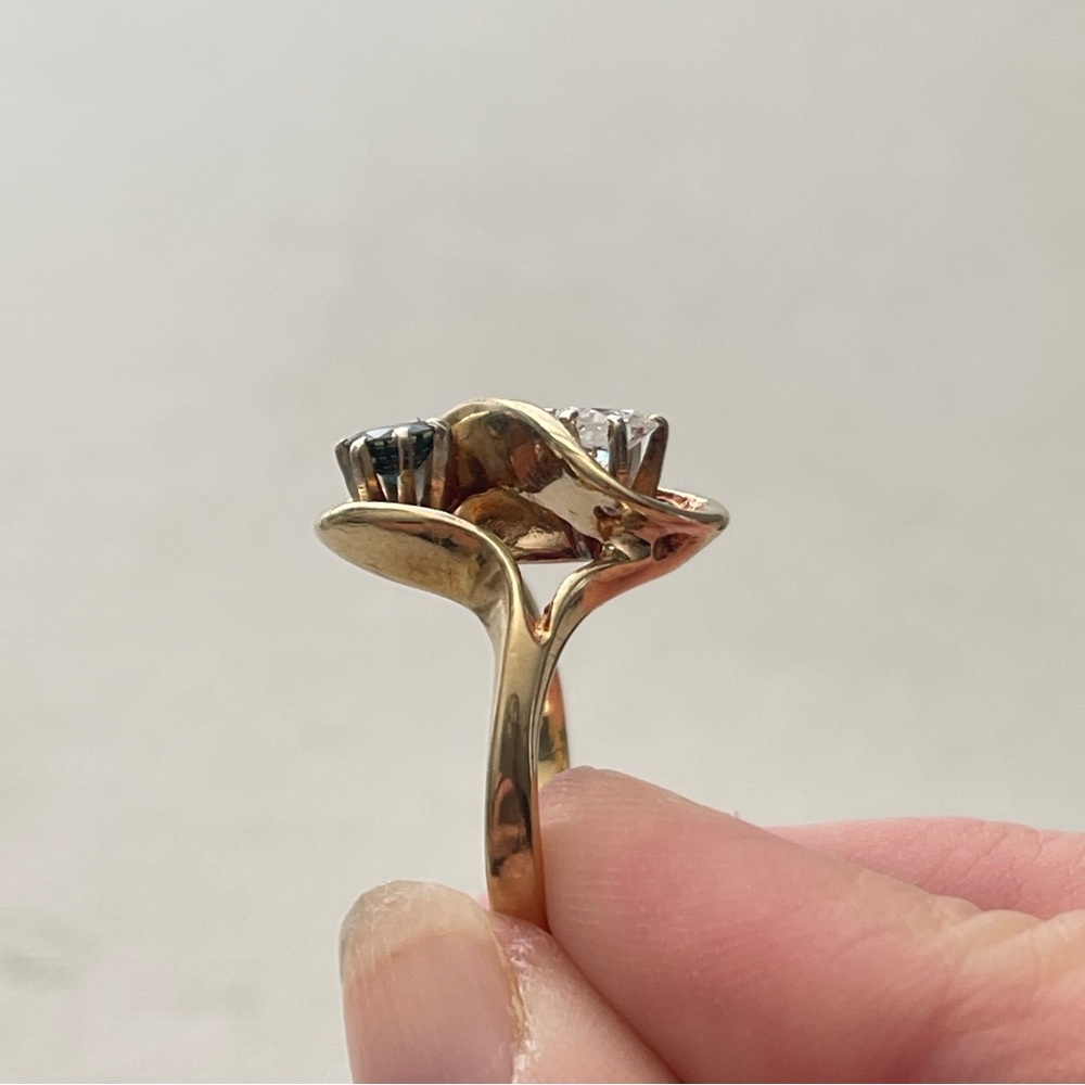 Vintage 14kt Gold European Cut Diamond & Blue Diamond Sz 7.75 Toi Et Moi Ring - Picture 3 of 11